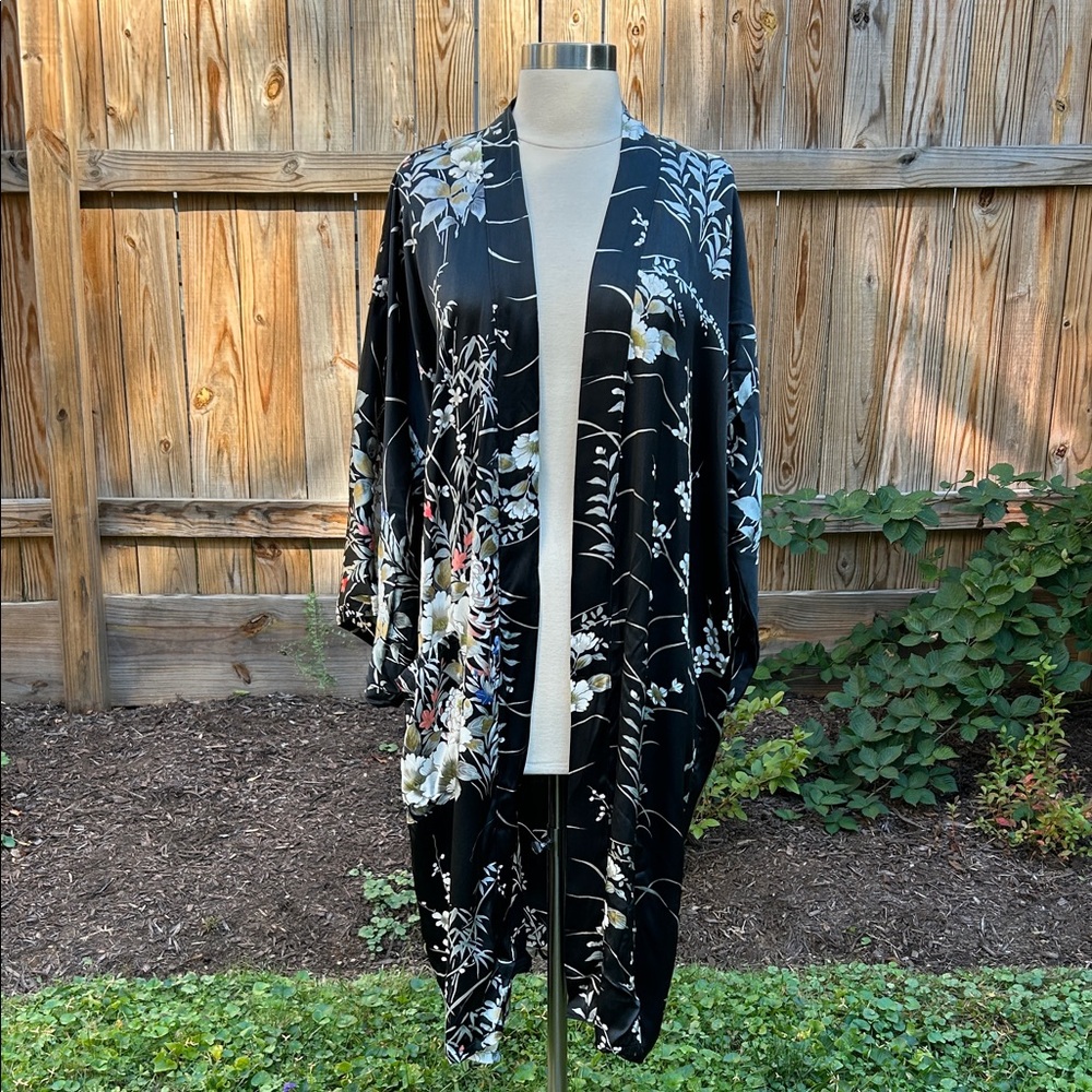 100% Silk Floral Black Kimono Duster